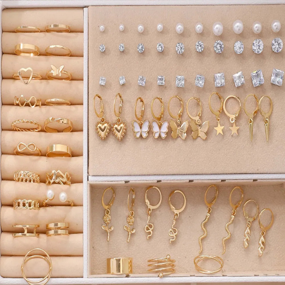 108-piece geometric pearl earrings set with gold and yellow electroplated finishes