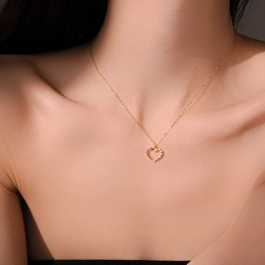 S925 sterling silver hollow heart necklace with gold plating options on regular chain