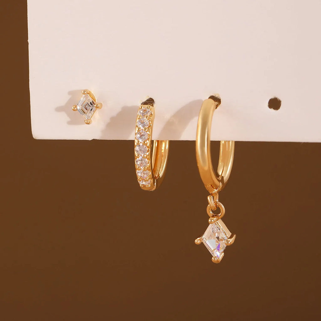 Geometric zircon earring three-piece set for women with gold and silver colour options