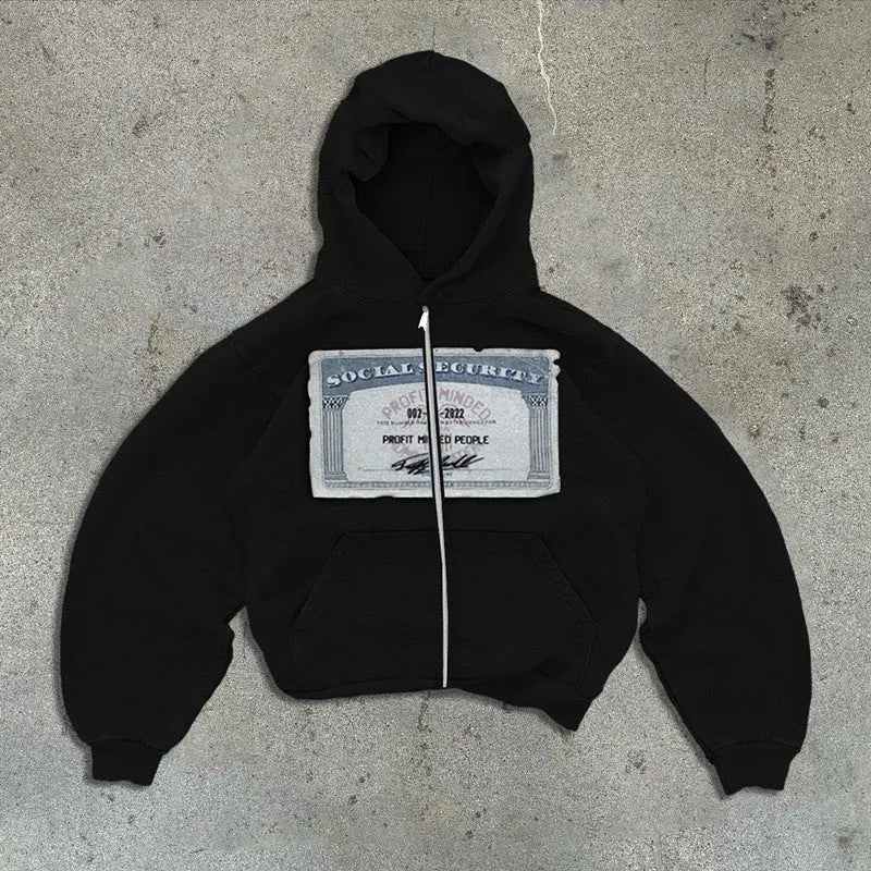 Men's and women's loose fit hooded zipper jacket with letter pattern in black, grey, or pink