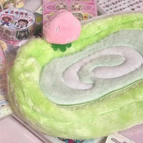Honeydew Swiss roll cake design velvet roll-up pencil case in Korean style
