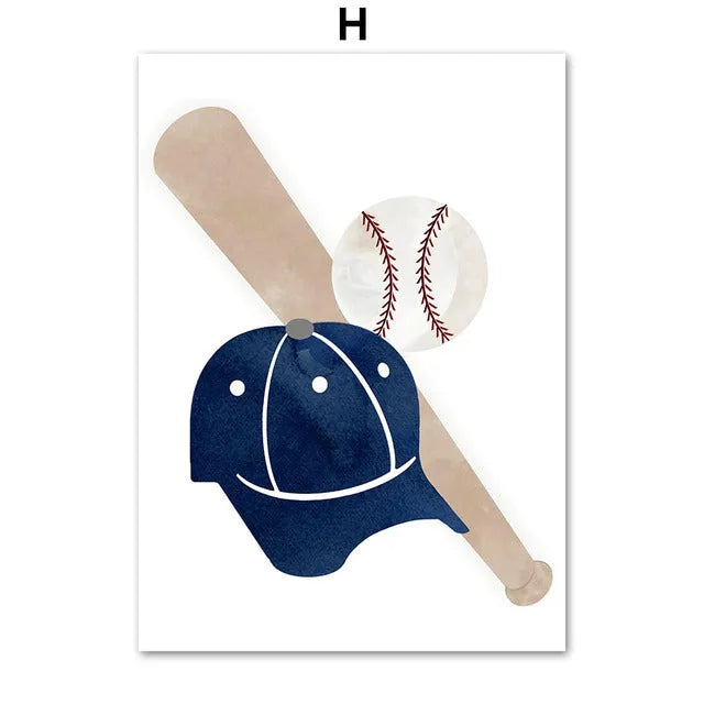 Cartoon sports canvas wall art with football, basketball, and baseball tools for children's bedroom