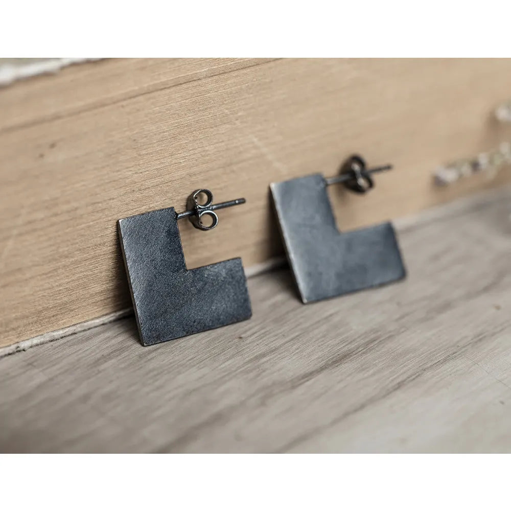 Sterling silver geometric square earrings with black oxidation finish