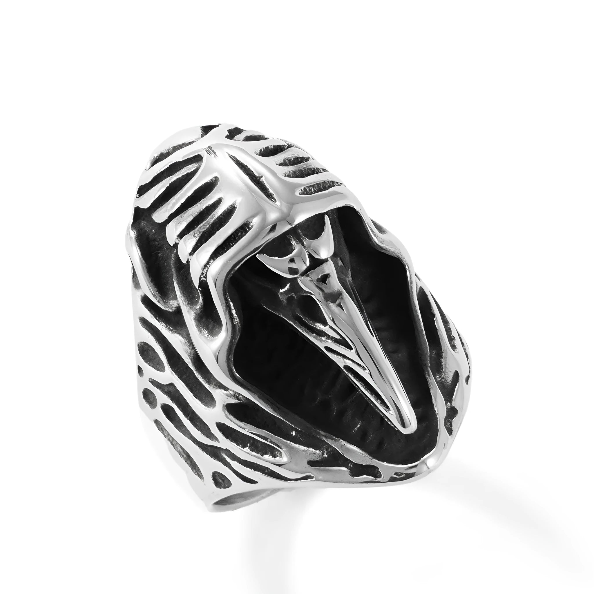 Titanium steel geometric crow punk ring in MR166 colour showing retro animal styling