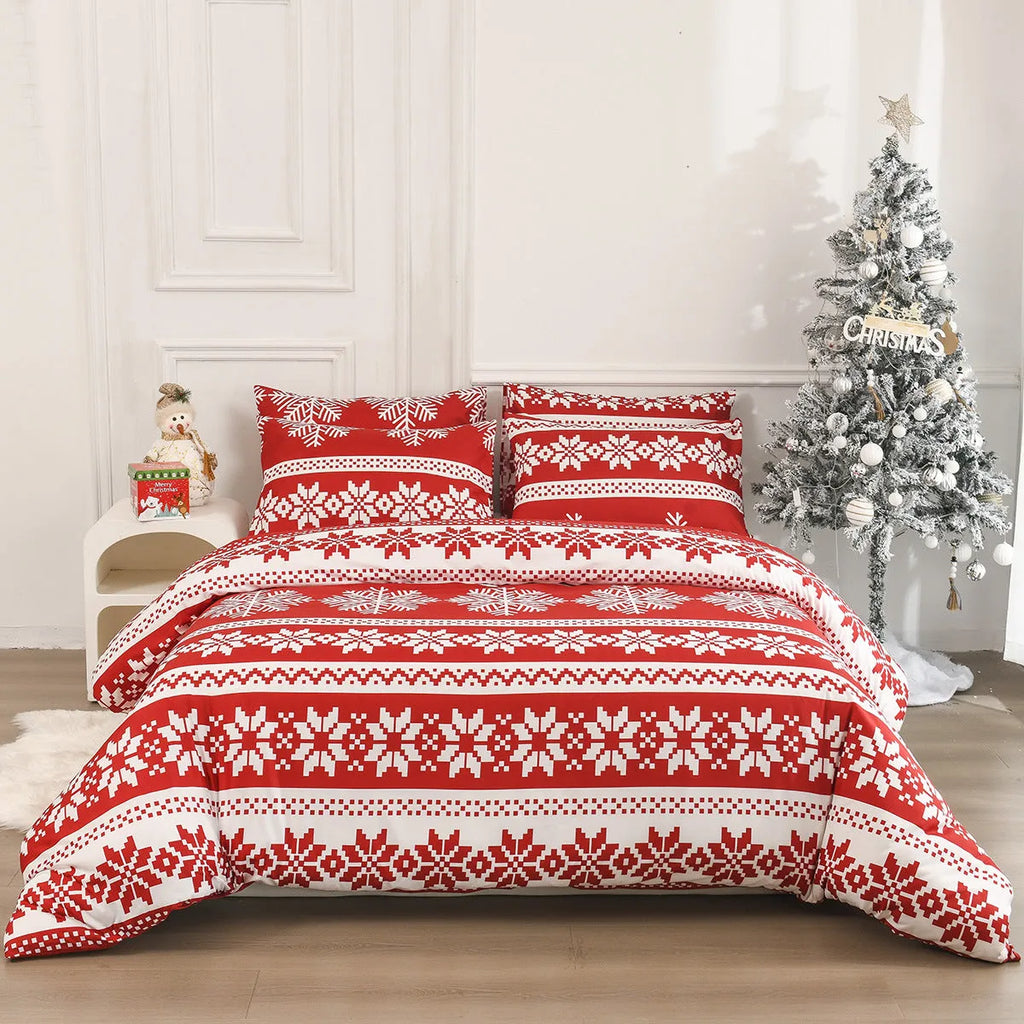 Winter Sleepers red Christmas Love Song pattern bedding three-piece set on bed