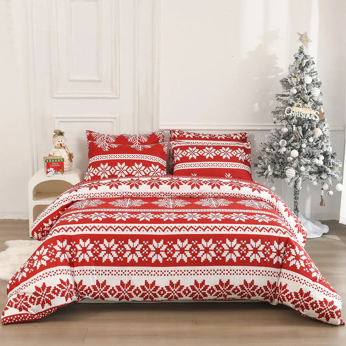 Winter Sleepers red Christmas Love Song pattern bedding three-piece set on bed
