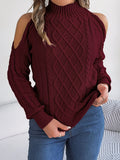 Women's grey strapless acrylic sweater with twisted pattern, half-high collar, and long lantern sleeves