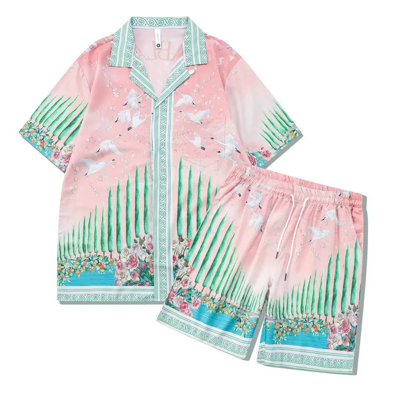 Plaid print beach outfit with matching short sleeve shirt and trousers on a mannequin