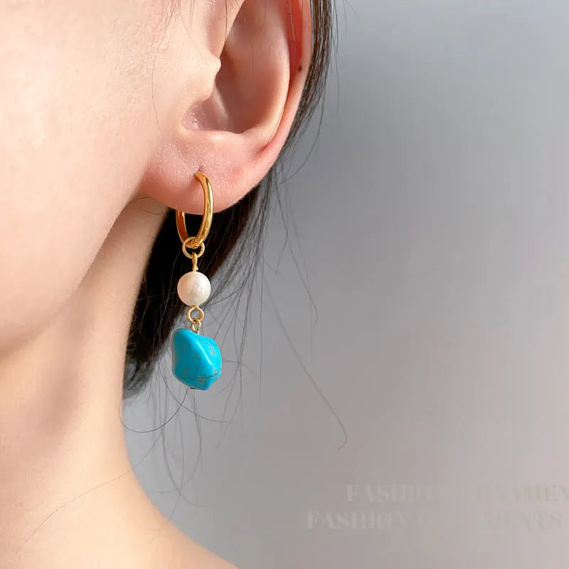 Copper geometric ear clips with cultured pearls and irregular turquoise stones for women
