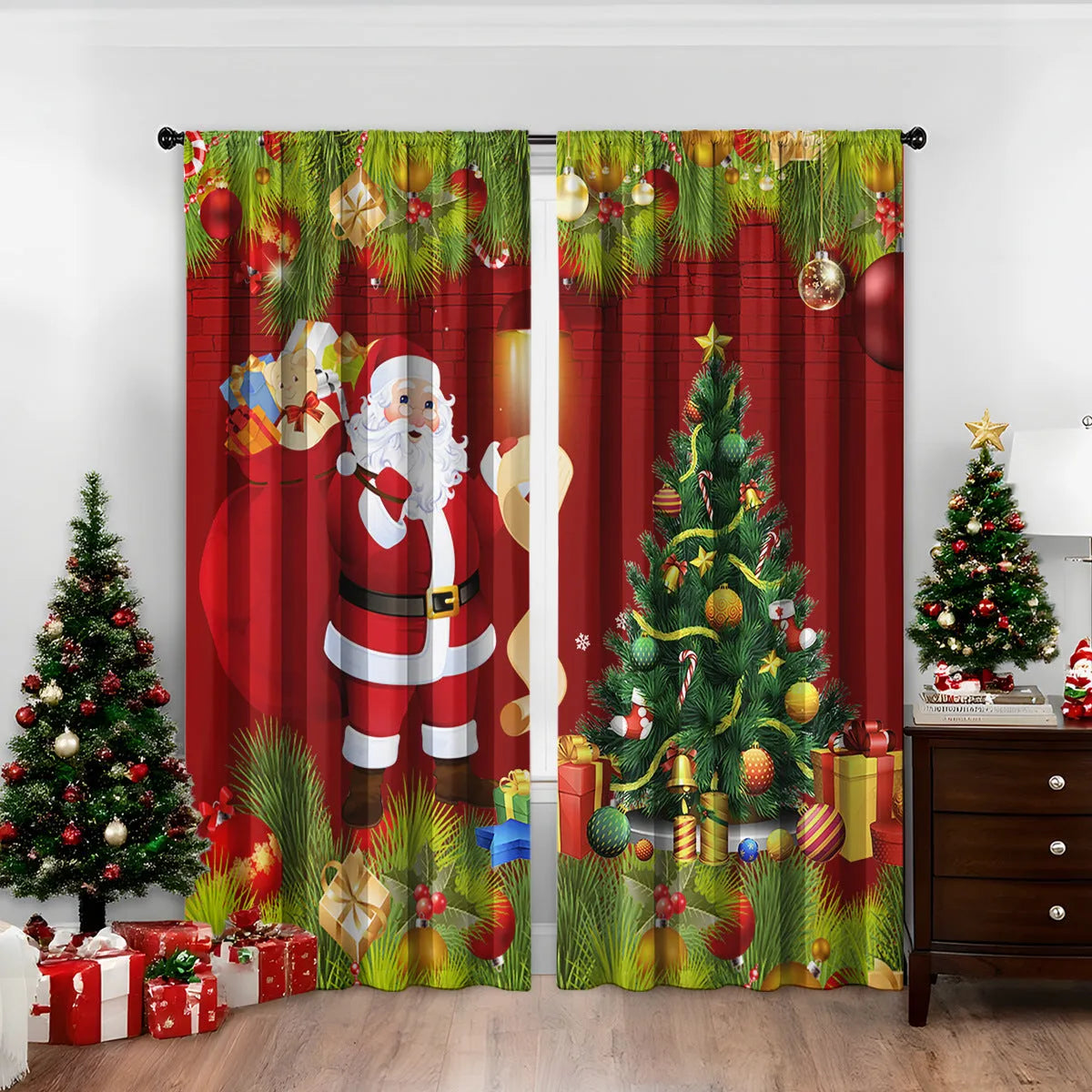 3D digitally printed Christmas curtain panel in a modern style, made from polyester fabric.
