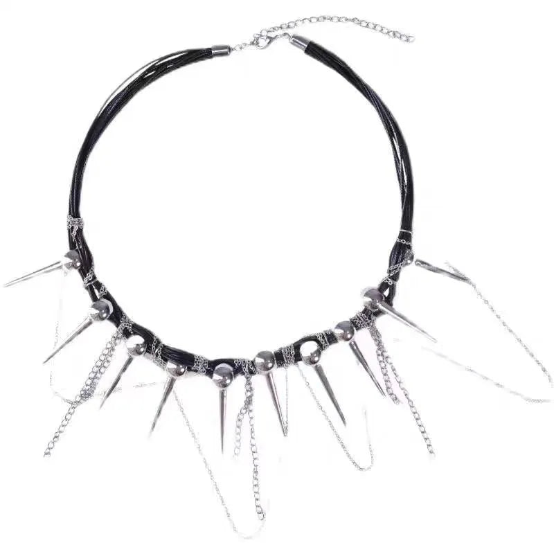 Women's casual leather necklace with electroplated round beads, rivet detailing, and winding tassel design