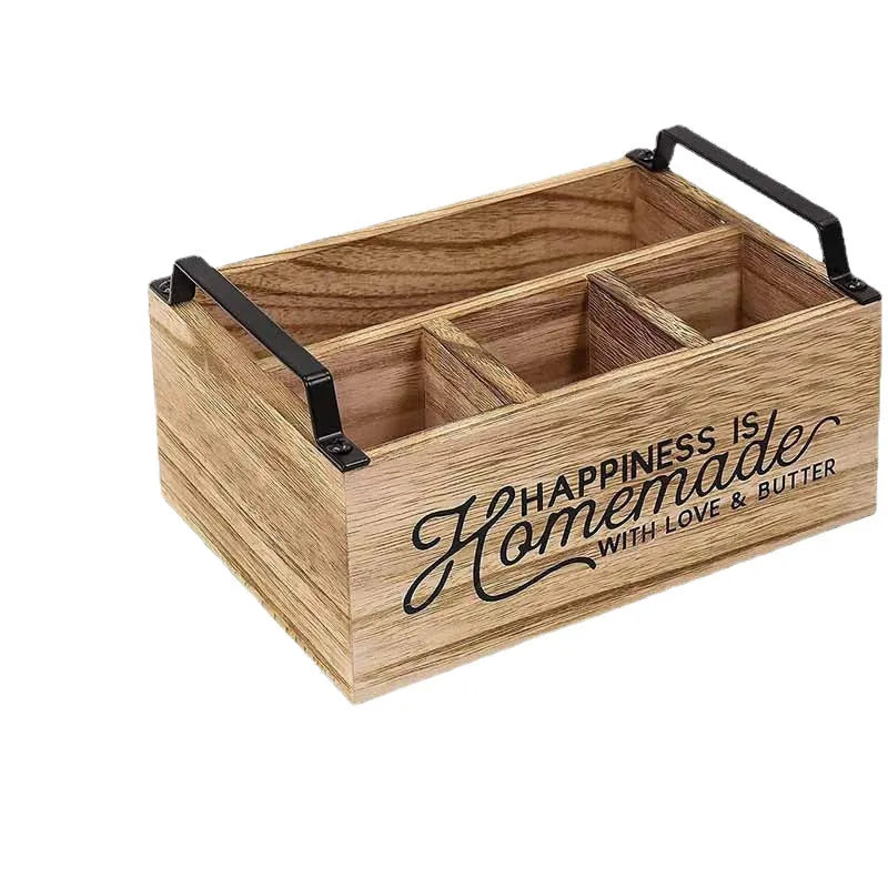 Wooden kitchen storage box with internal grid dividers for cutlery organisation