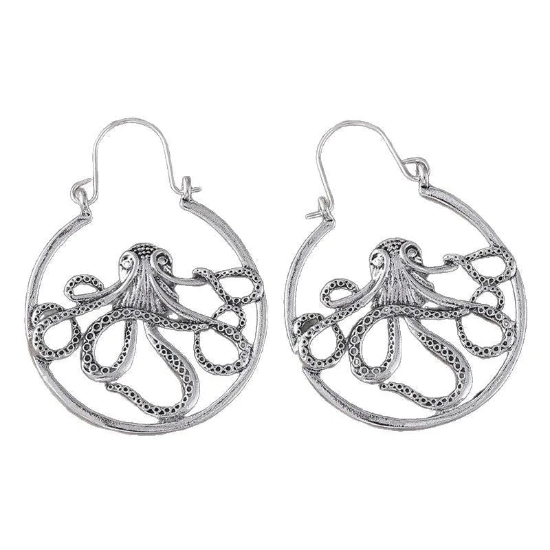 Vintage octopus earrings in antique silver finish with retro design details on zinc alloy