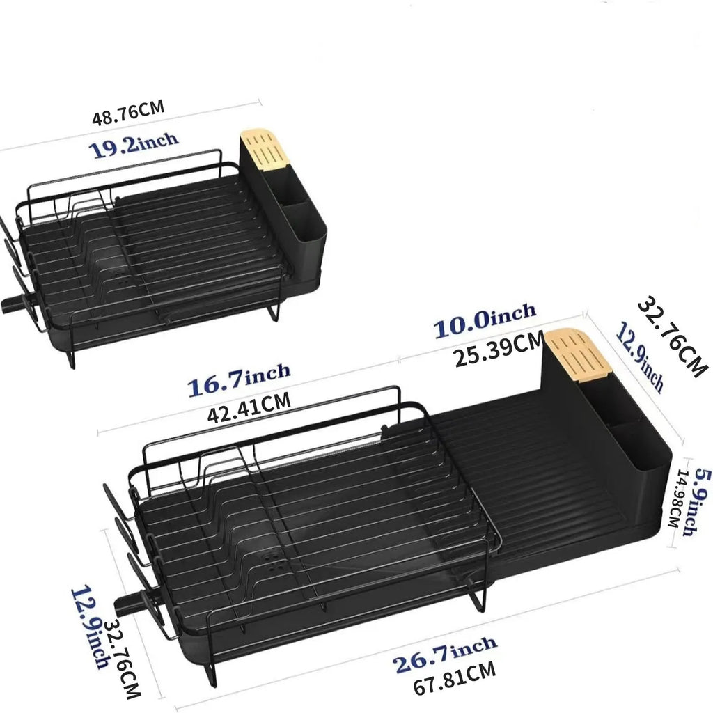 Retractable foldable carbon steel kitchen dish drying rack with detachable cutlery holder.