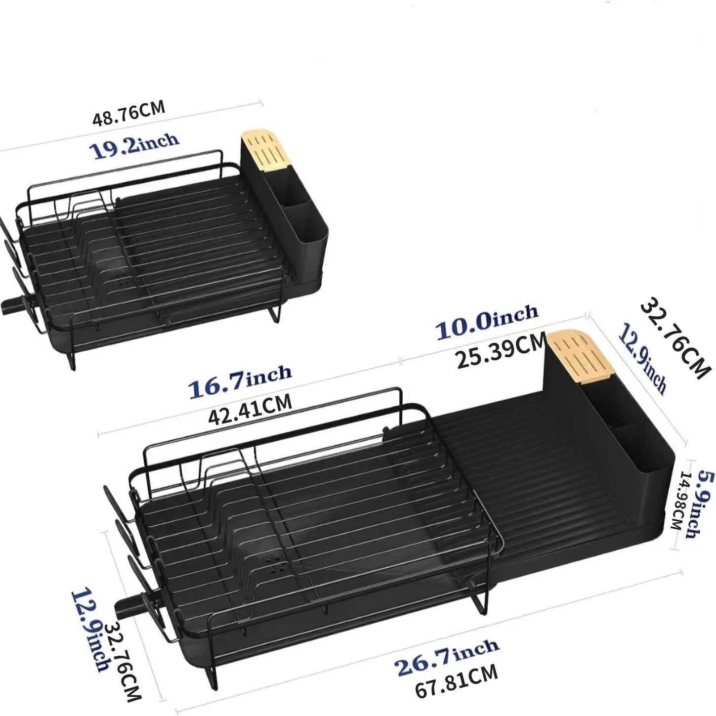 Retractable foldable carbon steel kitchen dish drying rack with detachable cutlery holder.