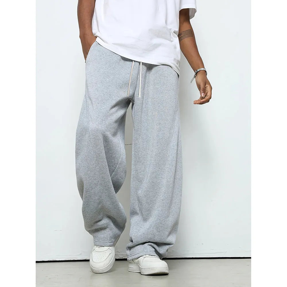 Men's straight leg casual trousers in solid colour with drawstring waist