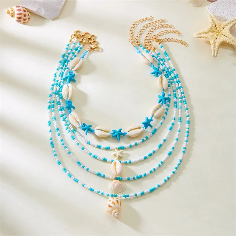 Blue and colour women's multi-layer necklace set with starfish shell conch pendants and bead elements