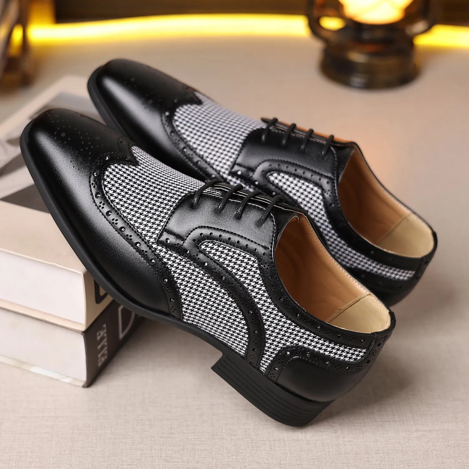 Men's casual leather shoes with imitation houndstooth plaid pattern, square toe, and front lace-up design