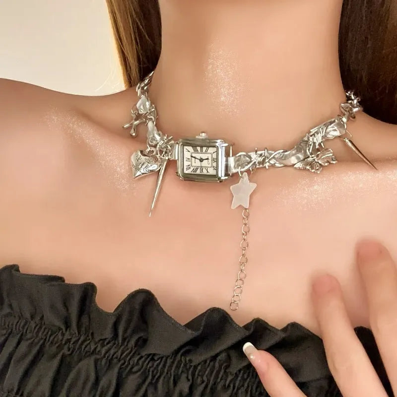 Dark style women's multi-layer necklace with cross detail and adjustable alloy chain