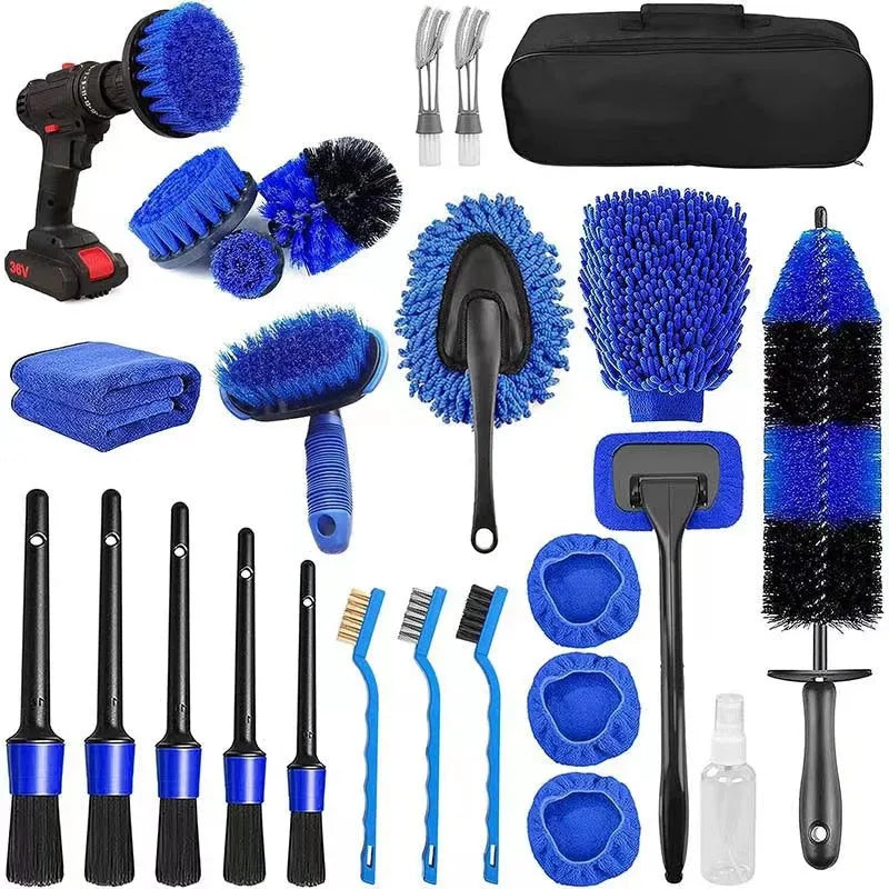 26-piece car wash brush set with tyre cleaning brushes and PP plastic handles.