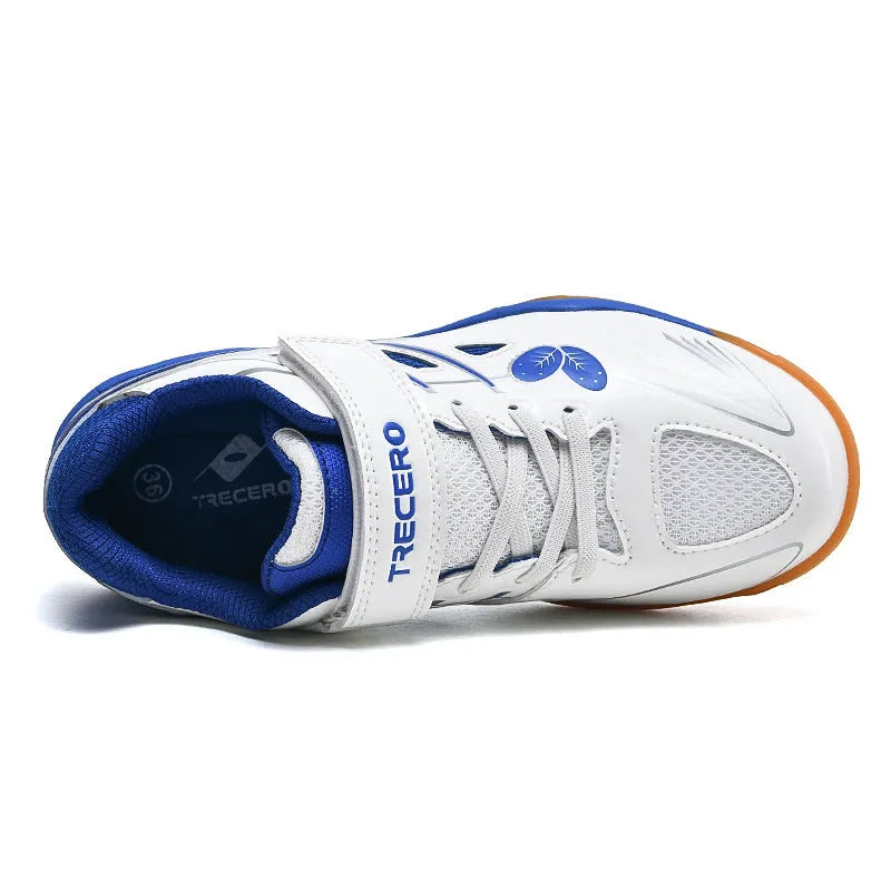 White and blue lightweight badminton shoes with a low-top casual design and ribbed sole.