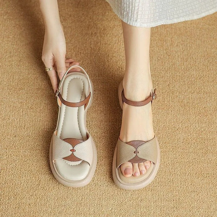 Khaki chunky heel platform open toe sandals for women made from leather