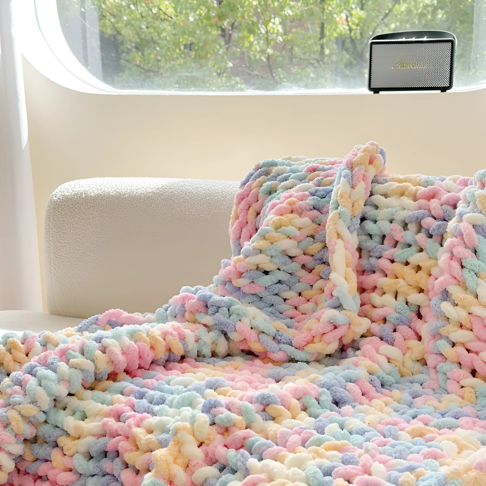 Thick striped chenille cover blanket folded to show texture and colour options including caramel mango and purple.