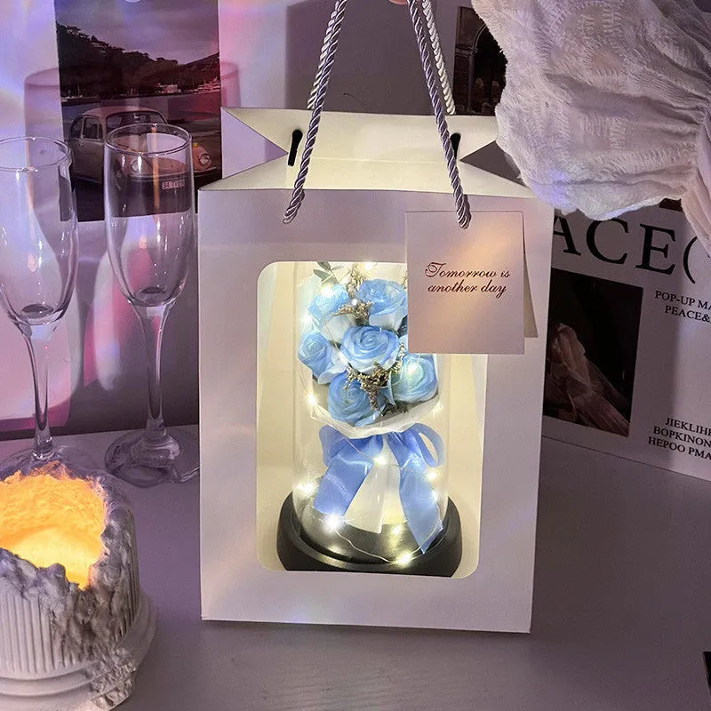 Artificial bionic bouquet arrangement with reusable tote bag in gradient blue colour option
