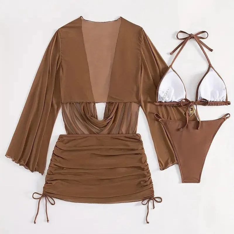 Women's dark brown backless bikini suit with lace-up detail and sleeveless design