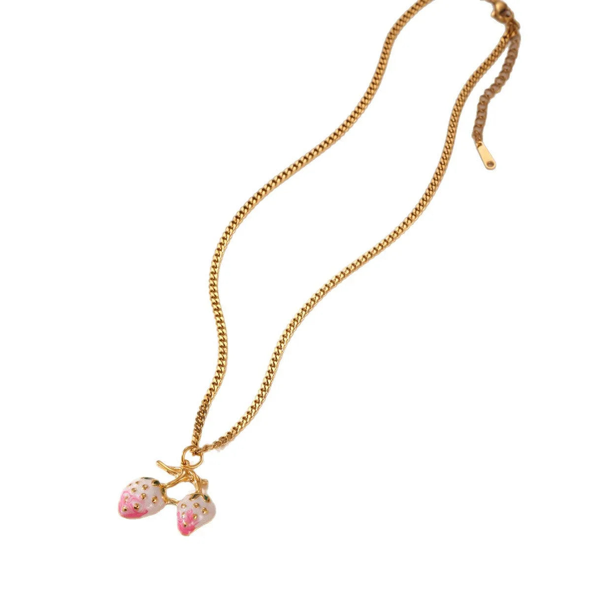 Strawberry-shaped alloy pendant necklace on stainless steel chain in red or white powder gradient colours