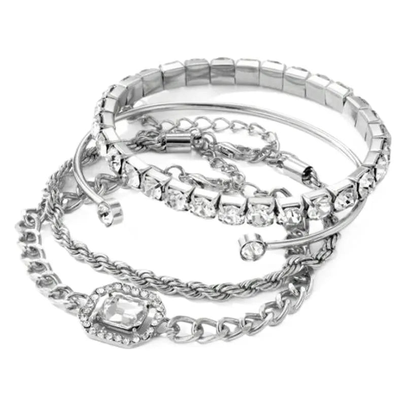 Retro geometric square diamond women's bracelet 4-piece set in gold or silver tone alloy metal