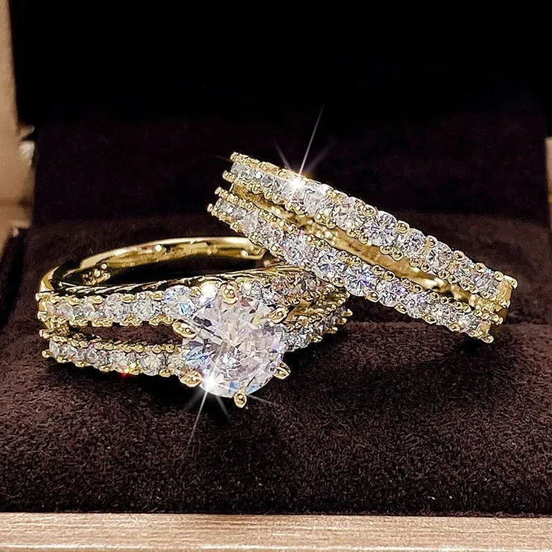 2-in-1 women's fashion ring set with fully-jewelled geometric and round designs in gold, rose gold, and silver colours