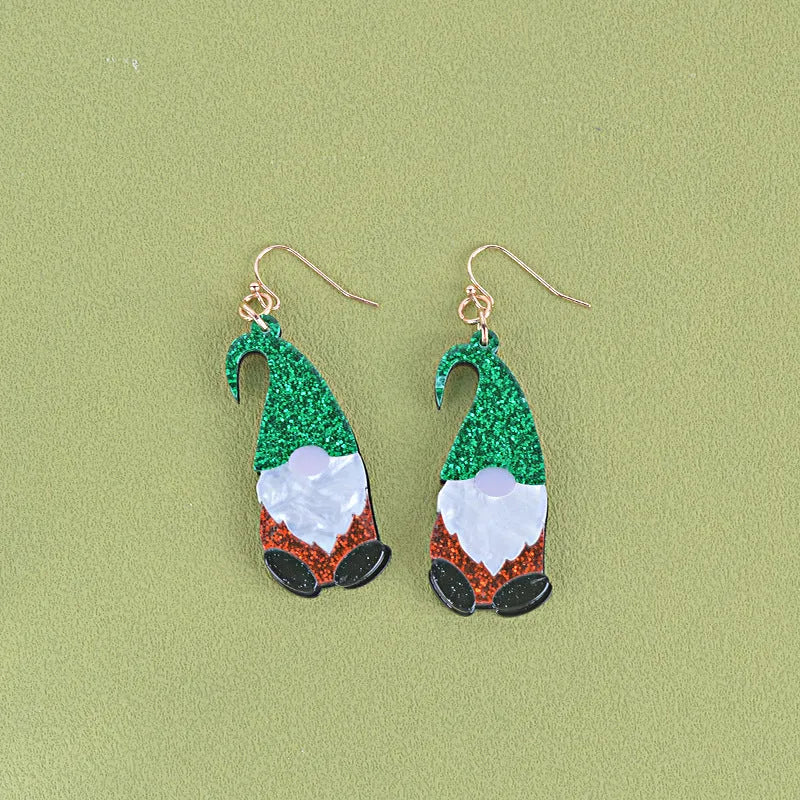 Santa Claus cartoon character acrylic fashion earrings in red, green, and mixed hat styles