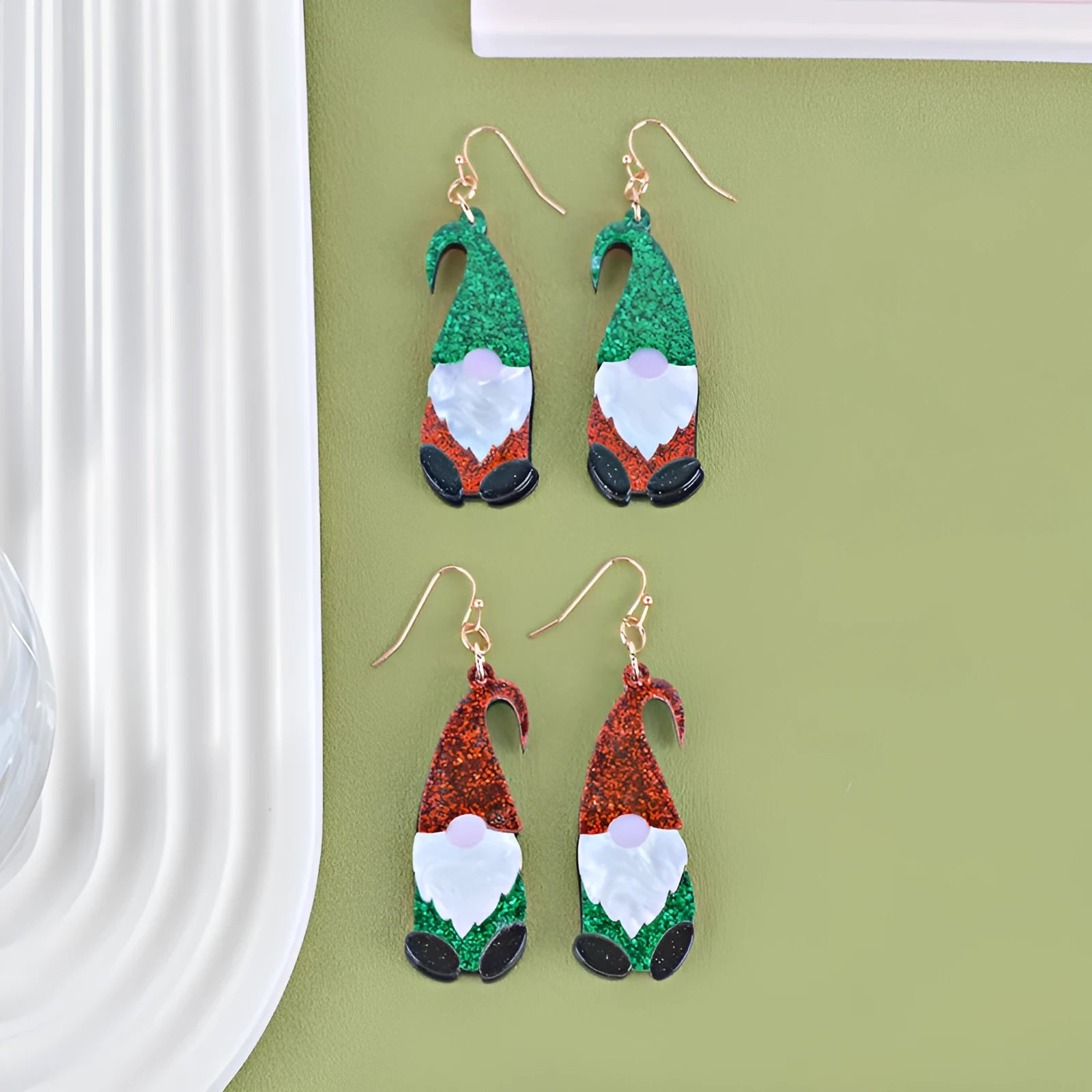 Santa Claus cartoon character acrylic fashion earrings in red, green, and mixed hat styles