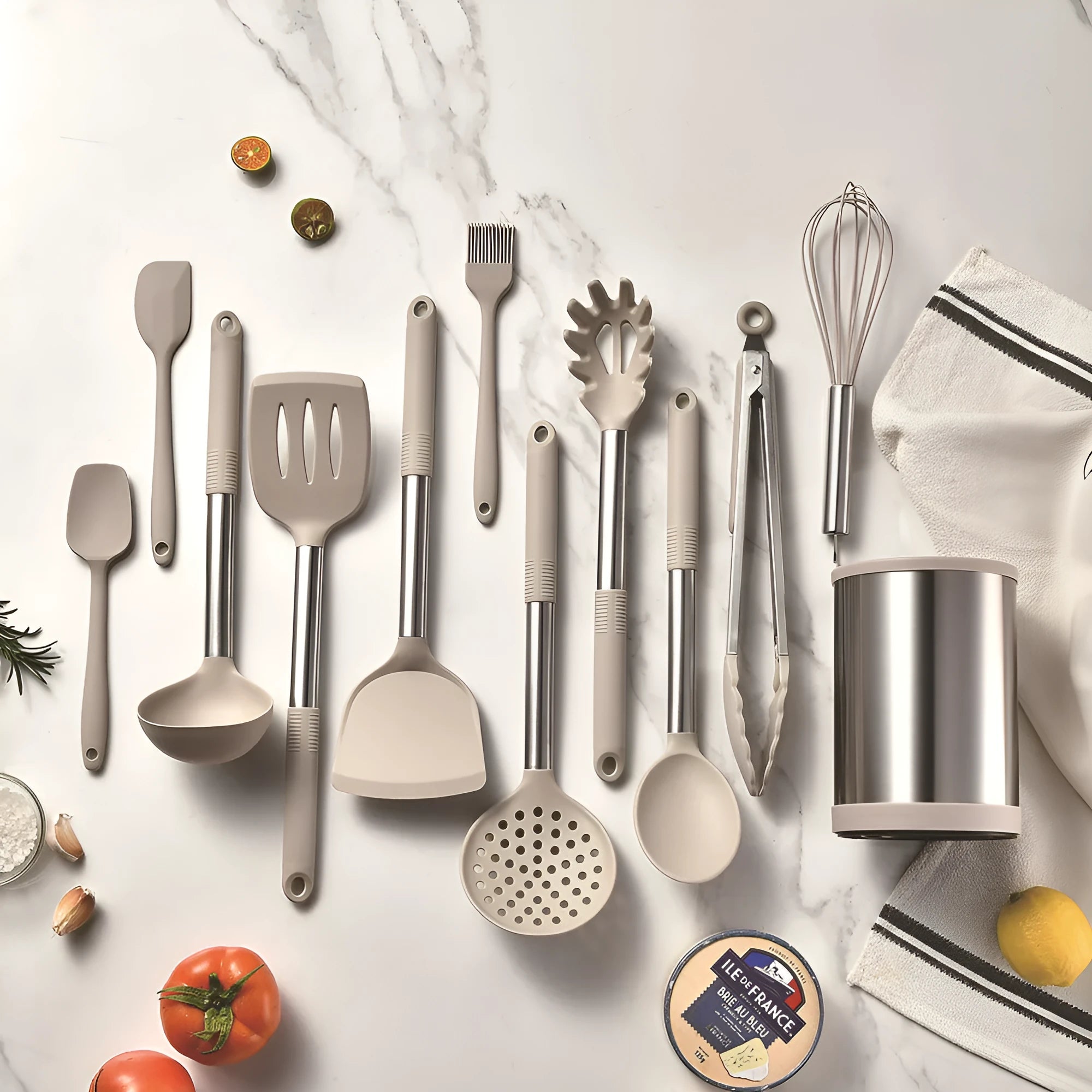 12-piece silicone kitchenware set with rotating storage bucket showing utensils in black, dark grey or khaki colours