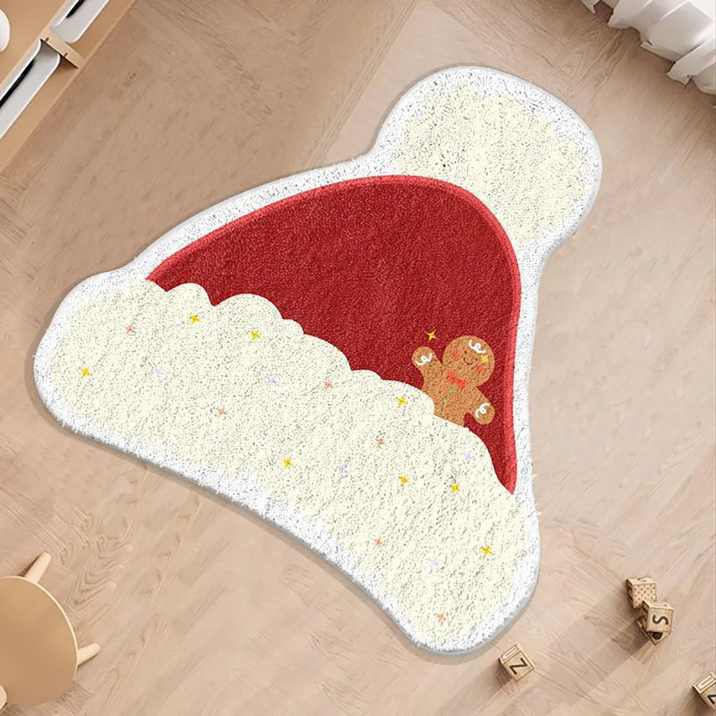 Round Christmas carpet with alien shape design in imitation cashmere material on wooden floor