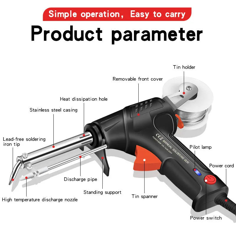 Black G102 alloy soldering gun kit with light, showing five pieces including iron, stand, and accessories.