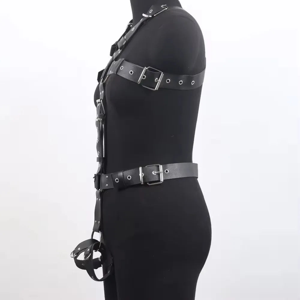 Black imitation leather waist trainer belt with pin buckle closure on mannequin