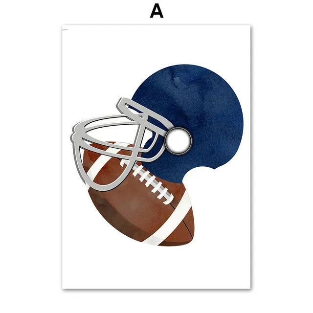 Cartoon sports canvas wall art with football, basketball, and baseball tools for children's bedroom