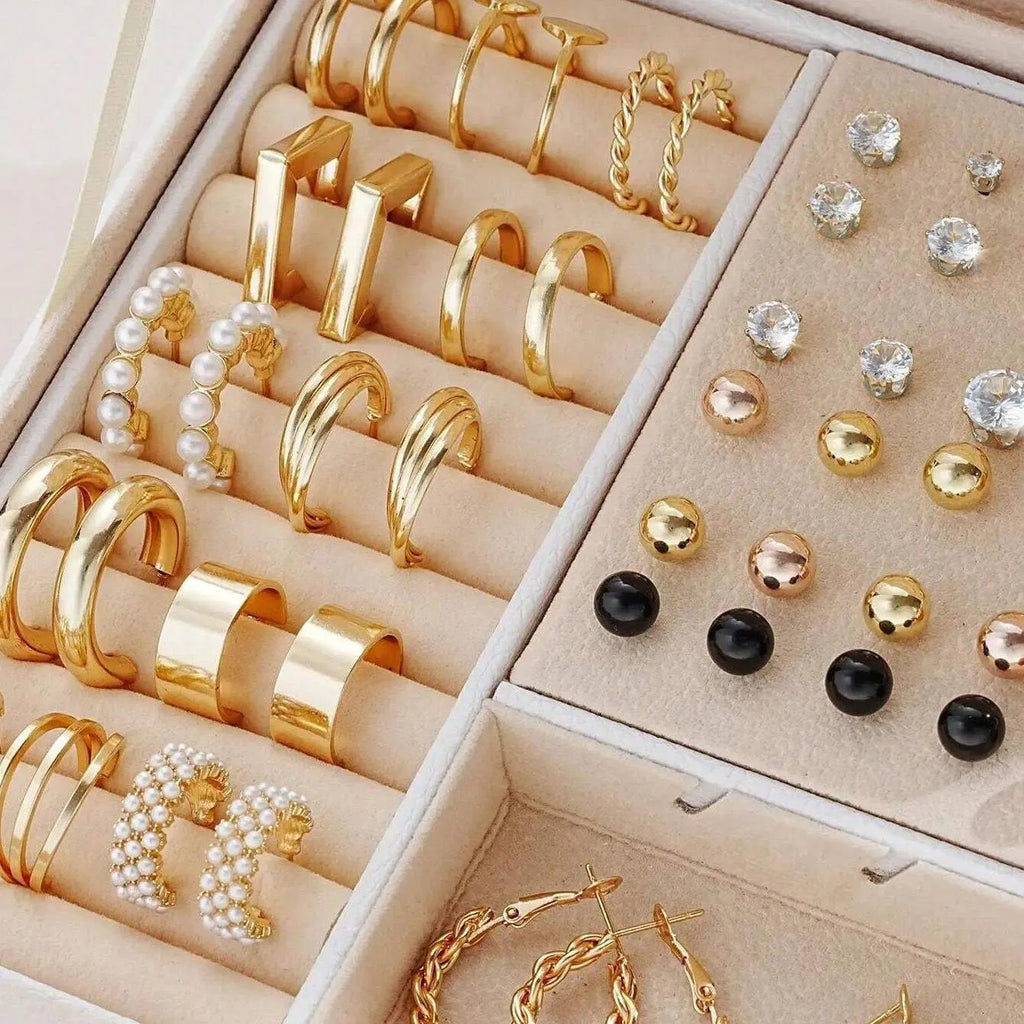 108-piece geometric pearl earrings set with gold and yellow electroplated finishes