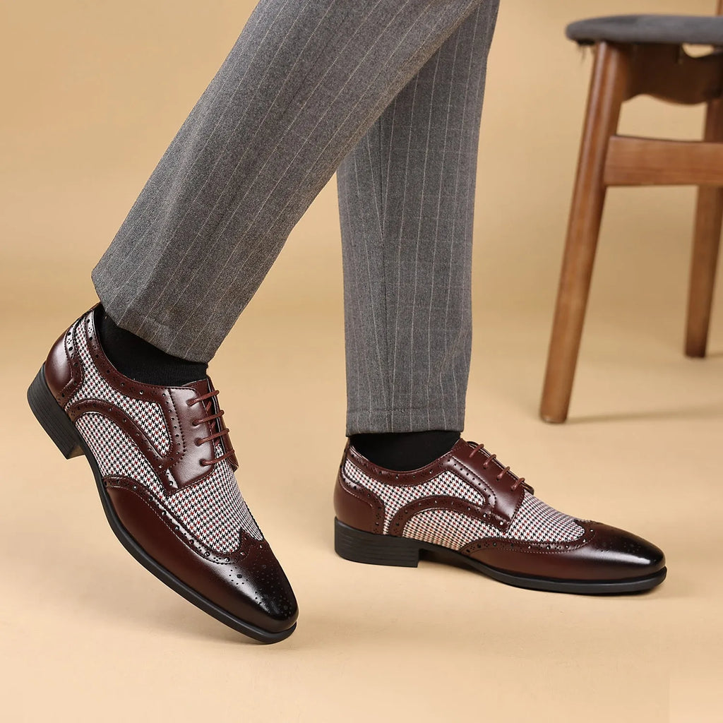 Men's casual leather shoes with imitation houndstooth plaid pattern, square toe, and front lace-up design