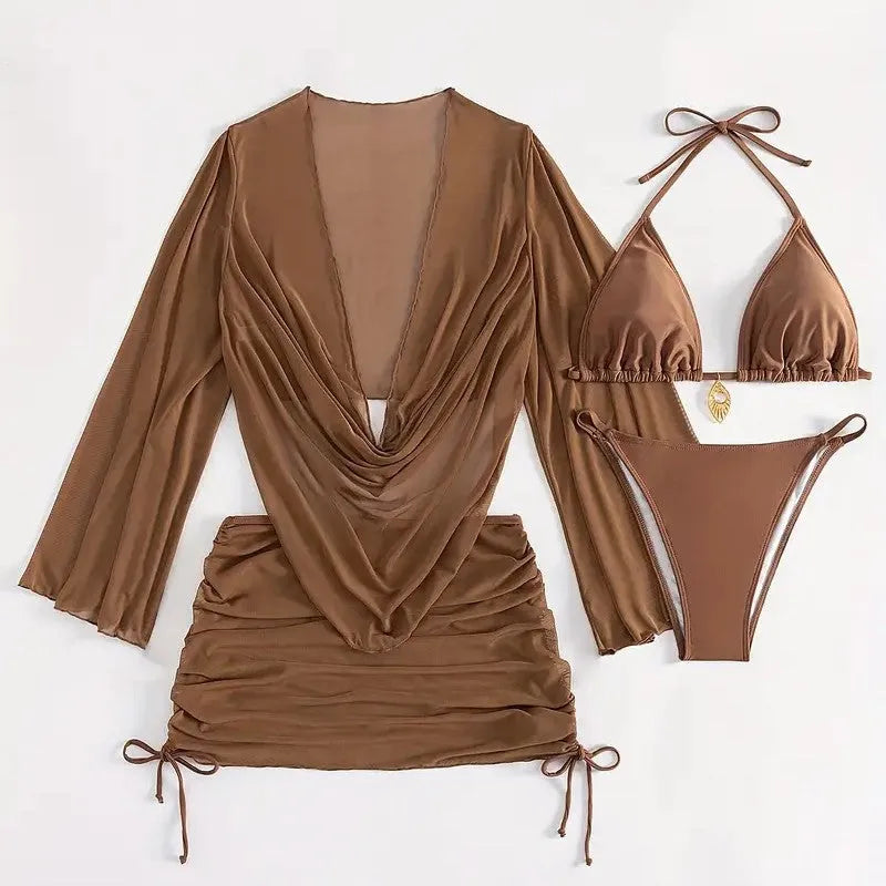 Women's dark brown backless bikini suit with lace-up detail and sleeveless design