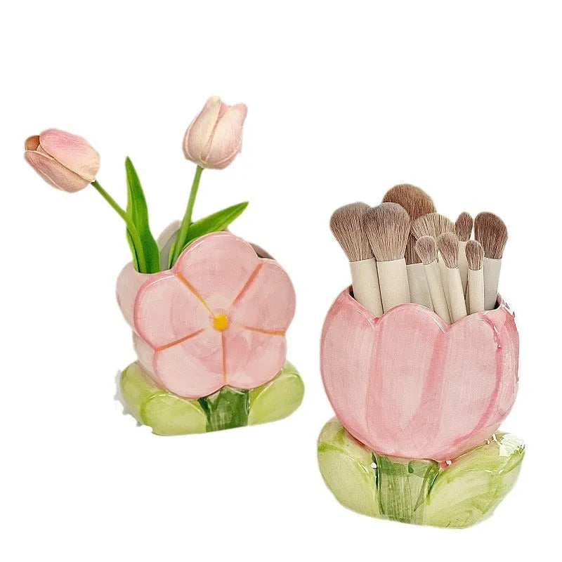 Ceramic flower pen holder storage box with floral patterns in blue, pink and purple colour variations