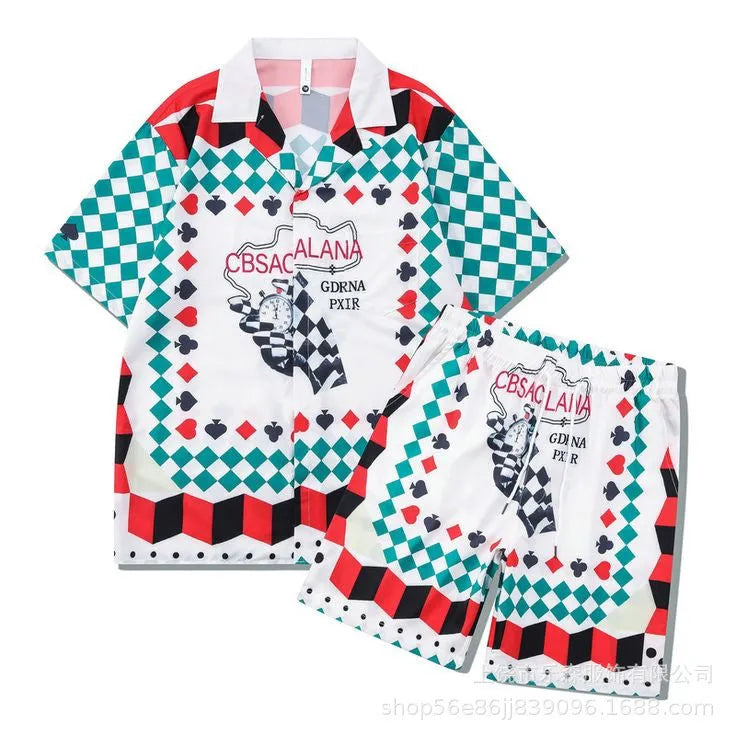Plaid print beach outfit with matching short sleeve shirt and trousers on a mannequin