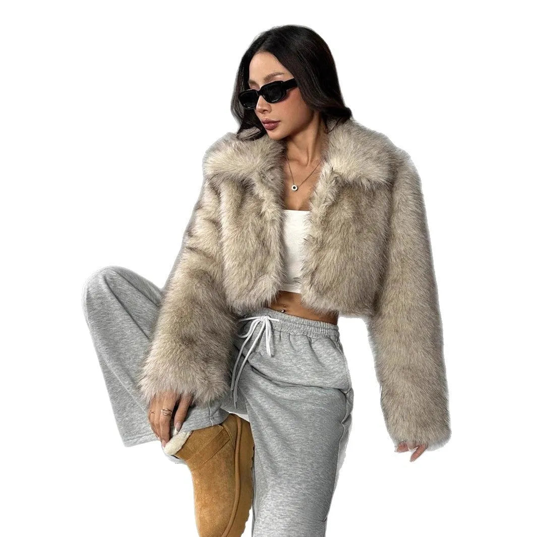 Women's artificial fox fur coat with thick collar in multiple colour options