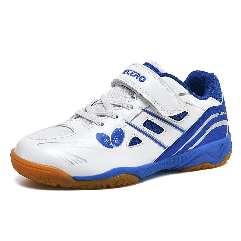White and blue lightweight badminton shoes with a low-top casual design and ribbed sole.