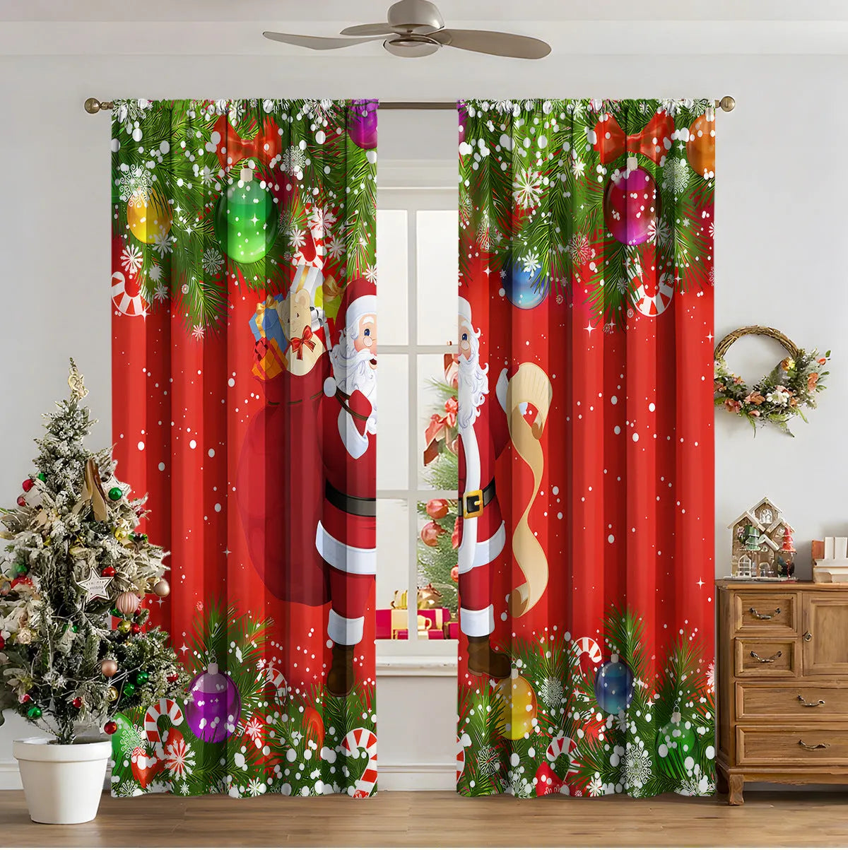 3D digitally printed Christmas curtain panel in a modern style, made from polyester fabric.