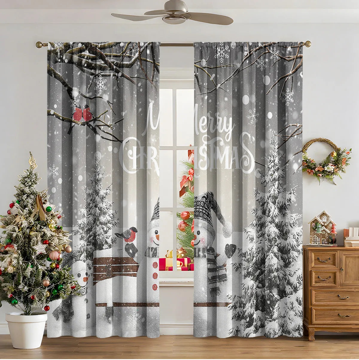 3D digitally printed Christmas curtain panel in a modern style, made from polyester fabric.