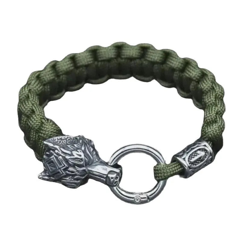 Stainless steel wolf head bracelet in camouflage colour with luen character detailing