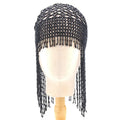 Handmade beaded belly dance head ornament with tassel on alloy mesh, in silver or black.
